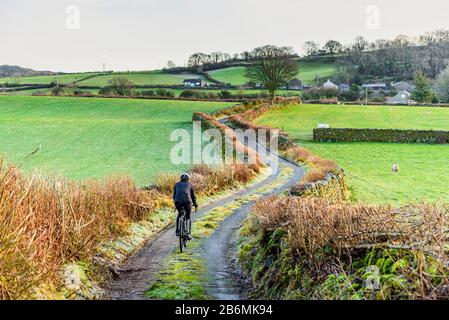 Cyclist on narrow lane near Field Broughton in the Vale of Cartmel in the southern Lake District Stock Photo