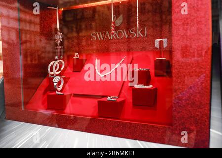 DECEMBER 2017, KARLOVY VARY, CZECH REPUBLIC: Swarovski showcase with luxury jewelry Stock Photo