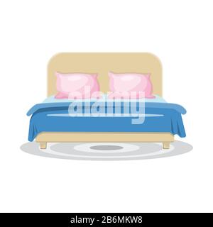Sleeping bed with pink pillows and blue blanket, with grey rug. Vector illustration Stock Vector