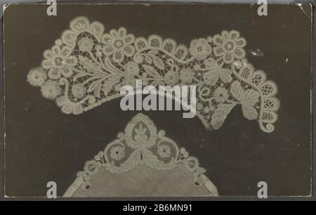 Foto van een zakdoekenhoek van kant en een fragment (kraag) met bloem- en bladmotieven Photo of a handkerchief angle side and a fragment (collar ?) with flower and leaf motifs. The photo belongs to five different photos side by inventory numbers: BK-1979-33-B-1 / m BK-1979-33-B-6. The picture described here along with pictures BK-1979-33-B-3 stuck on a black cardboard, pasted on the back are BK-1979-33-B-5 and PA-1979-33-B-6. These side objects created by L. W. van der Meulen-Nulle and J.H. Faber-tation. They worked among others as side professor at the National Academy of Kunstnijverheid. Man Stock Photo