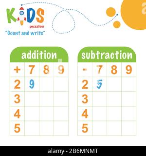 Easy colorful math count and write worksheet practice for preschool and elementary school kids. Stock Vector