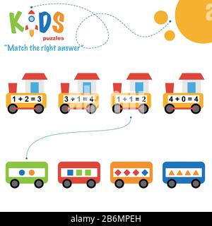 Easy colorful math match the right answer worksheet practice for preschool and elementary school kids. Stock Vector