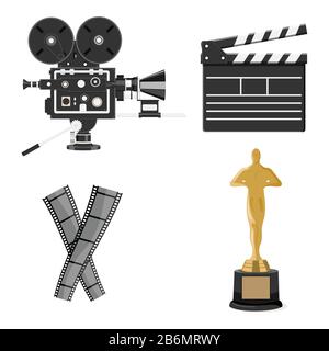 Set of cinematography elements - vintage camera, clapperboard, film tape and trophy award. Stock Vector