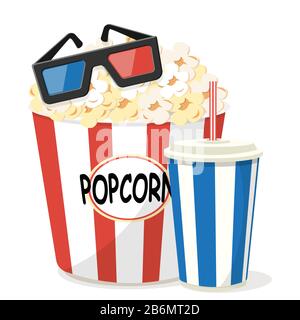 Set of cinematography elements - 3d glasses, popcorn and soda. Stock Vector