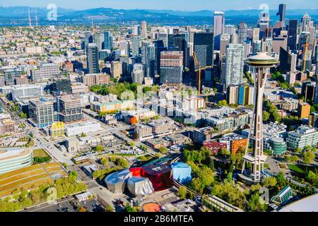 Aerial view of Seattle with Space Needle, Washington State, USA