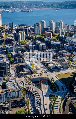 Aerial view of city of Seattle with skyscrapers, Washington State, USA Stock Photo