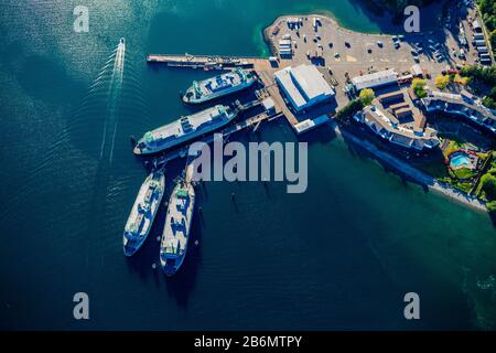 Aerial view of Bainbridge Island ferry terminal, Lake Union, Washington State, USA Stock Photo