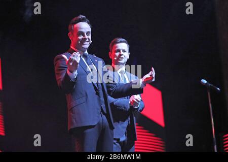 Television presenters Ant McPartlin (left) and Declan Donnelly on stage at the annual Prince's Trust Awards 2020 held at the London Palladium. Stock Photo