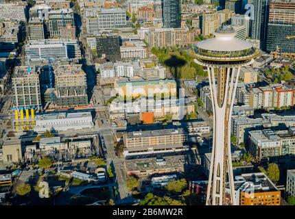 Aerial view of city of Seattle with Space Needle, Washington State, USA