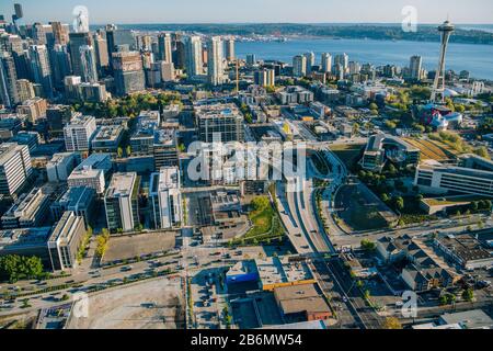 Aerial view of city of Seattle with Space Needle, Washington State, USA