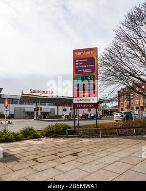 A view of the petrol / diesel filling station forecourt at Sainsbury's store in Victoria Road,Darlington Stock Photo