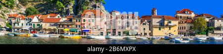 Beautiful Omis town,view with colorful houses,Dalmatia,Croatia. Stock Photo