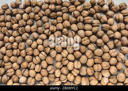Uncracked walnuts in shell background, concept of healthy eating vegan food. Close up, selective focus Stock Photo