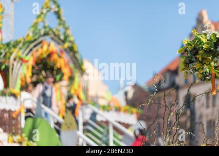 Blurred background of Easter market at the Old Town Square in Praguet, Czech republic, copy space Stock Photo