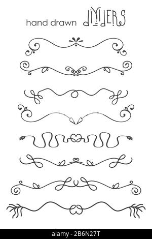 Set of dividers,doodle border lines or divider lines,isolated on white background, vector illustration Stock Vector