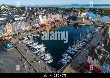 France, Normandy, Aerial view of Honfleur and its picturesque harbour, old basin and the quai Sainte Catherine