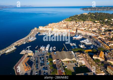 France, Aerial view of St Tropez Harbor Stock Photo