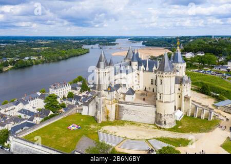 Aerial view of Castle and loire Valley, France.Saumur Castle was built in the tenth century and rebuilt in the late twelfth century Stock Photo