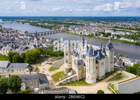 Aerial view of Castle and loire Valley, France.Saumur Castle was built in the tenth century and rebuilt in the late twelfth century Stock Photo