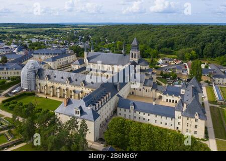 Aerial view of Abbey of Fontevraud, Anjou, Fontevraud l'Abbaye, Maine-et-Loire department, Pays de la Loire, Loire Valley, UNESCO World Heritage Site,