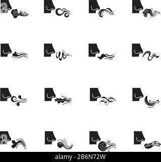 Nose smelling scent black glyph icons set on white space. Good and bad odor. Stinking stench. Evaporation flow. Aromatic fragrance. Fume swirls Stock Vector