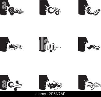 Nose smelling scent black glyph icons set on white space. Person sniffing good and bad odor. Stinking stench. Evaporation flow. Fume swirls Stock Vector