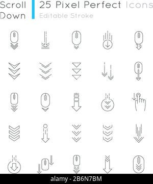 Scroll down pixel perfect linear icons set. Internet page browsing and download indicators. Customizable thin line contour symbols. Isolated vector Stock Vector