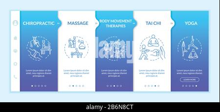 Complementary medicine onboarding vector template. Responsive mobile website with icons. Chiropractic, therapeutic massage, tai chi and yoga webpage Stock Vector