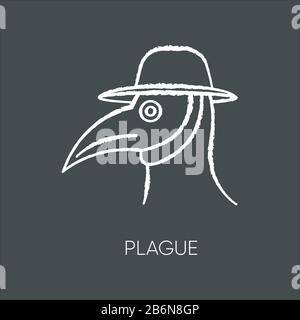 Plague chalk white icon on black background. Endemic viral illness, dangerous infectious disease, deadly contagious sickness. Medieval doctor mask Stock Vector