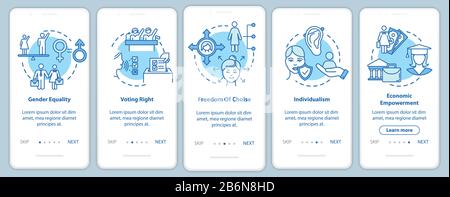Gender equality onboarding mobile app page screen with concepts. Political, social and economic empowerment walkthrough 5 steps graphic instructions Stock Vector