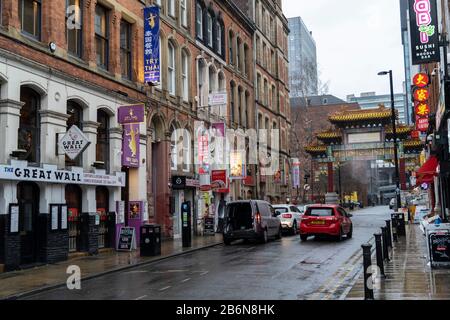 Restaurant and shop signs in China Town, Manchester, UK. 10/03/20 Stock Photo