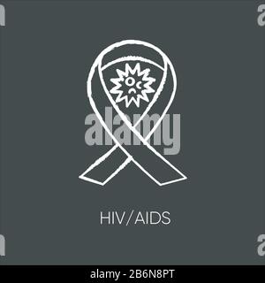 HIV, AIDS chalk white icon on black background. Human immunodeficiency virus, acquired immune deficiency syndrome. Awareness ribbon and viral cell Stock Vector