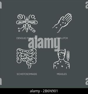 Contagious diseases chalk white icons set on black background. Malaria, smallpox, schistosomiasis and measles infections. Various infectious illnesses Stock Vector