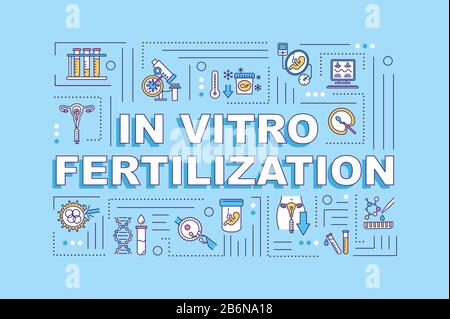 In vitro fertilization word concepts banner. Genetic engineering. Fetus, embryo. Infographics with linear icons on turquoise background. Isolated Stock Vector