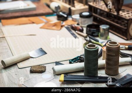 Leathermaker's work desk Stock Photo