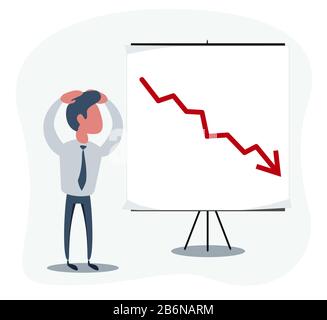 Shocked man in a suit watch on the board with a declining arrow. Falling indicator of economic prosperity. Stock Vector