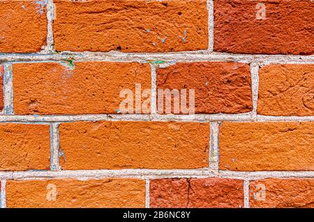 An old weathered fragment of a brick wall with cracks. Background for the designer. A large brick. Stock Photo