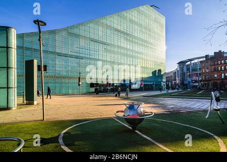 National Football Museum (Urbis Building) from Cathedral Gardens, Manchester Stock Photo
