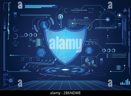 abstract technology science concept protection shield digital : hud interface elements of medicine analysis fingerprint,brain,DNA and percent vitality Stock Vector