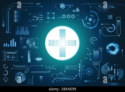 abstract technology ui futuristic concept health hud interface hologram elements of digital data chart, communication, and circle percent vitality inn Stock Vector