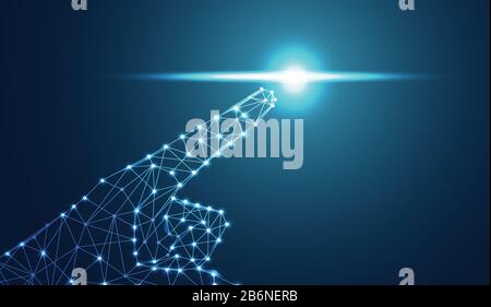 Abstract hand wireframe digital technology concept The finger is pointed in a circle circuit Sci fi blue light on hi tech future cyan white background Stock Vector