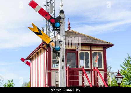 Signals and signal box at Settle in the Yorkshire Dales Stock Photo