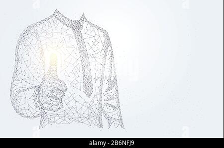 Abstract technology line triangle and points businessman low poly Thumbs up on hand polygonal future modern wireframe on hi tech future gray backgroun Stock Vector