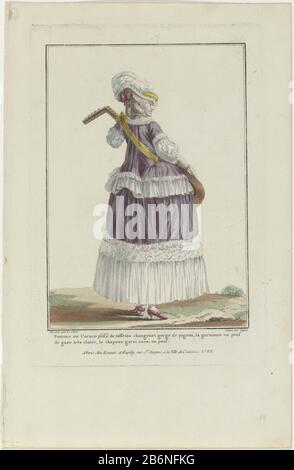 Woman with lute, seen from the back. She wears a Caraco with 'motos and sabot' in a skirt decorated with pleated strips of gauze. Her hat 'Chapeau à l'Italienne 'was called. Accessories: ribbon around the neck, bracelet and shoes with heel and rosette. Postcard from series P. 15 Cahier de Costumes Français, 9th Suite d'Habillemens à la mode and 1778, Gallerie des Modes et Costumes Français. Manufacturer : printmaker: Dupin (listed property) to drawing: Pierre Thomas Le Clerc (listed object) publisher: Esnauts & Rapilly (listed property) Place manufacture: Paris Date: 1778 Physical features: en Stock Photo