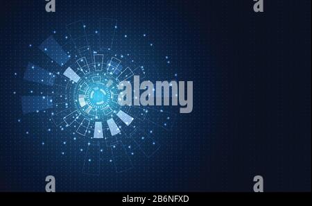 abstract technology futuristic concept circle digital program communication, computing on hi tech futureblue light sparking design background innovati Stock Vector