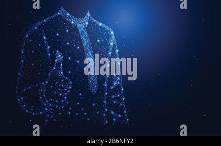 Abstract technology line triangle and points businessman low poly Thumbs up on hand polygonal future modern wireframe on hi tech future blue backgroun Stock Vector