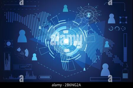 abstract technology world digital link network connection, business man and map dot link ui futuristic concept hud interface hologram elements of digi Stock Vector