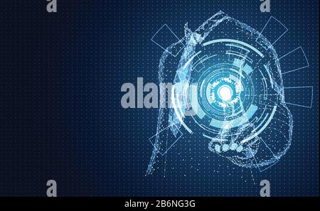 abstract technology concept line triangle and points businessman low poly finger pointing futuristic virtual hologram communication system link busine Stock Vector