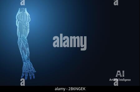 Abstract technology AI arm digital artificial intelligence concept Machine in Human health medical science on hi tech future blue background. for temp Stock Vector
