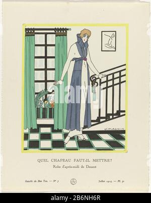 Woman in blue / white afternoon frock Doucet high shirred collar, standing in a hallway with a staircase . Planche 71 of Gazette du Bon Ton, 1914, No. 7. Understanding the clothes on page Explication des Planches. Manufacturer : design of J. Magnin (listed building) printmaker: anonymous fashion designer Jacques Doucet (listed building) publisher Lucien Vogel (listed building) Publisher: Paul Cassireruitgever : Heineman Printer: G. Kadar Place manufacture: publisher: Paris Publisher: Berlin Publisher: London Publisher: Paris Date: 1914 Physical characteristics: lithography, pochoir, hand-color Stock Photo